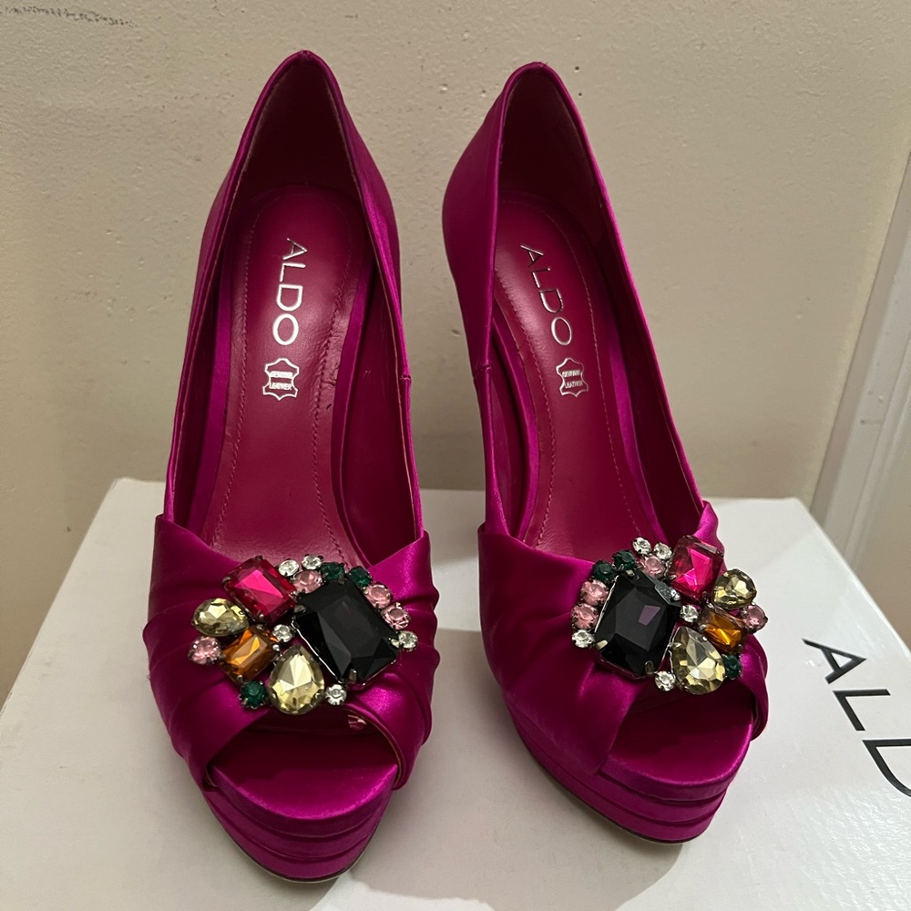 Aldo Magenta Satin Jewel-Embellished Heels